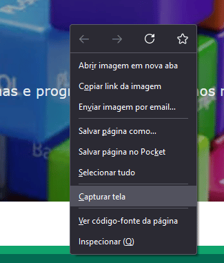 Menu do Mozilla Firefox com destaque para a opção de captura de tela