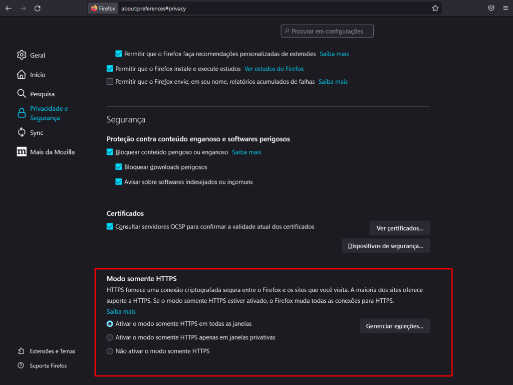 Configurações do Mozilla Firefox, com destaque para a opção "modo somente HTTPS"