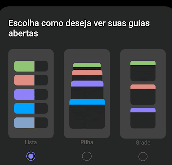 Opção de personalização na exibição de abas do Samsung Browser