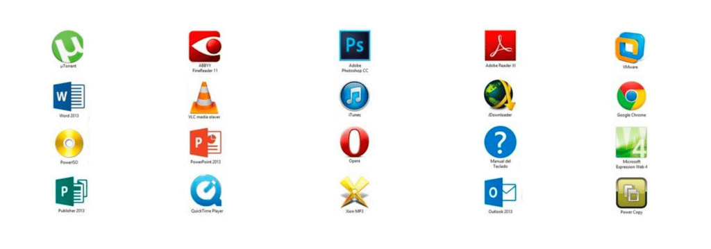 Exemplos de software de aplicação, como Adobe Phoyoshop, Google Chrome, Opera e Office