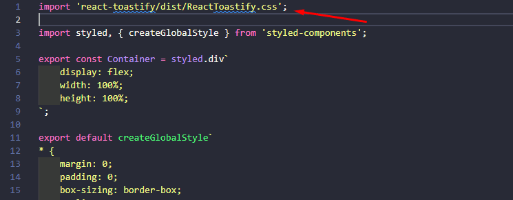 Código após importação dos estilos da biblioteca react toastify