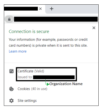 Demonstração de como o certificado de validação de empresa (SSL OV) é exibido para as pessoas usuárias