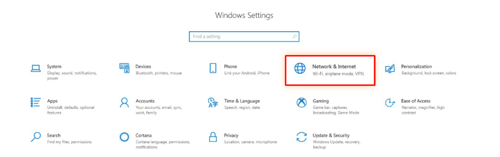 Página de configurações do Windows