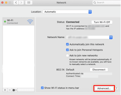 Menu de network do Mac com grifo no botão Advanced