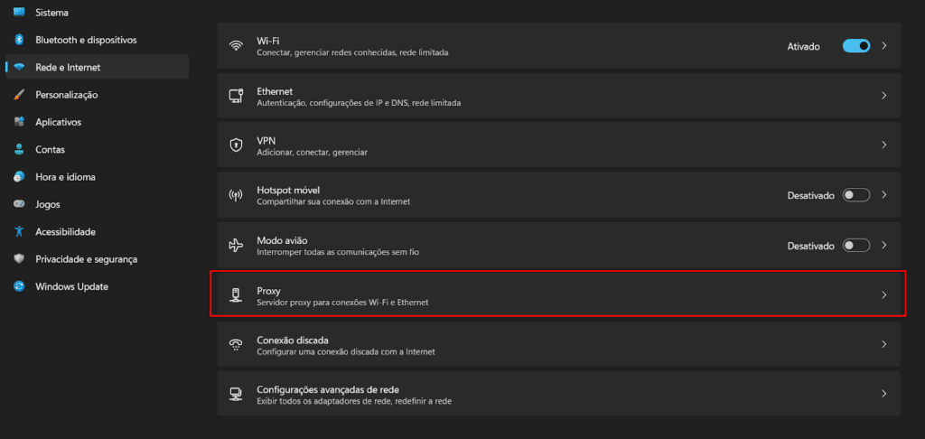 Tela de redes e internet do Windows, com grifo onde está a configuração de proxy