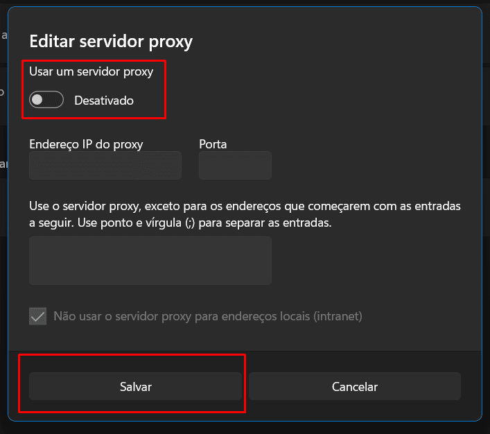 Tela de edição do servidor proxy no Windows