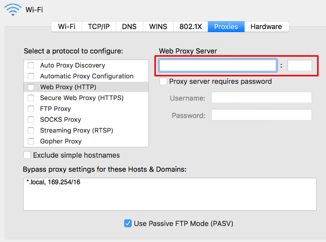 Tela de proxies no Mac, com grifo na opção Web Proxy Server