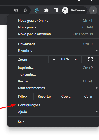 Menu do Google Chrome com uma seta apontando para Configurações