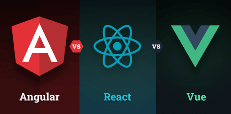 Logo dos frameworks Angular, React e Vue