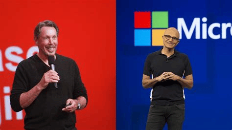 Larry Ellison e Satya Nadella, CEO da Microsoft. Ambos executivos estão alinhando o futuro do serviço em nuvem. 