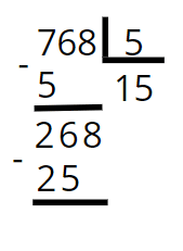 Estrutura do algoritmo de divisão, onde vemos 768 ser dividido por 5. No momento, temos no campo de resultado o número 1. Agora foi adicionado o número 5 no quociente, formando 15.