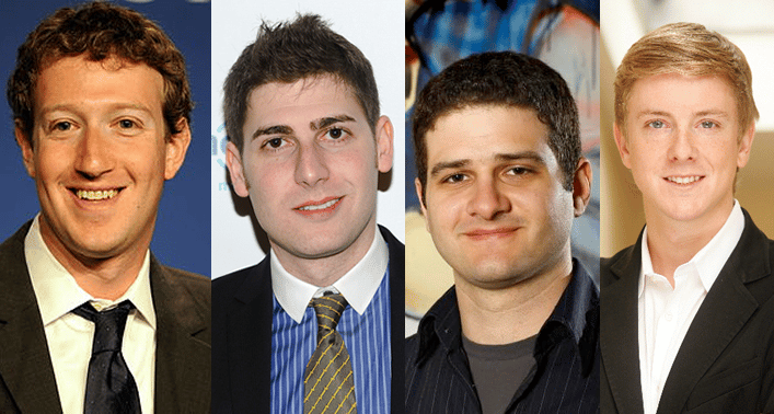 Os quatro fundadores do Facebook: Mark Zuckerberg, Eduardo Saverin, Dustin Moskovitz e Chris Hughes. 