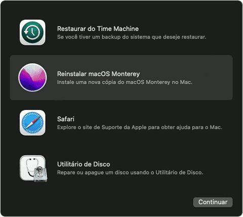 Opções do MAC: restaurar, reinstalar, safari e utilitário do disco