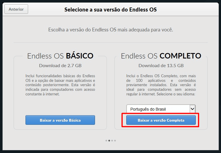 Tela para escolher a versão completa do Endless OS