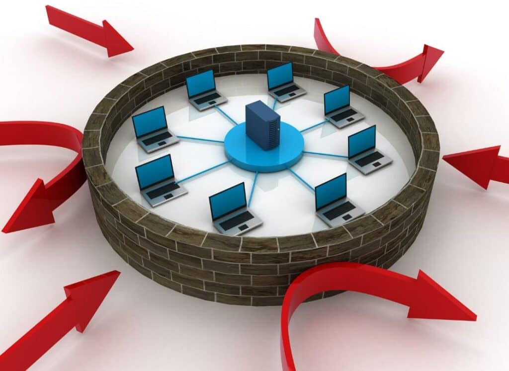 Diagrama mostrando vários dispositivos ligados a firewall dentro de uma muralha redonda. Fora dela, há várias setas vermelhas tentando entrar e retornando após serem bloqueadas
