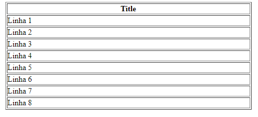 Resultado da tabela criada a partir do código, já com cabeçalho e corpo, mostrando a célula "Title" no cabeçalho e "conteúdo" no corpo especificado como "Linha" de 1 a 8. A tabela segue a vertical.