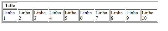 Resultado da tabela criada a partir do código, já com cabeçalho e corpo, mostrando a célula "Title" no cabeçalho e "conteúdo" no corpo especificado como "Linha" de 1 a 8. A tabela segue a horizontal.