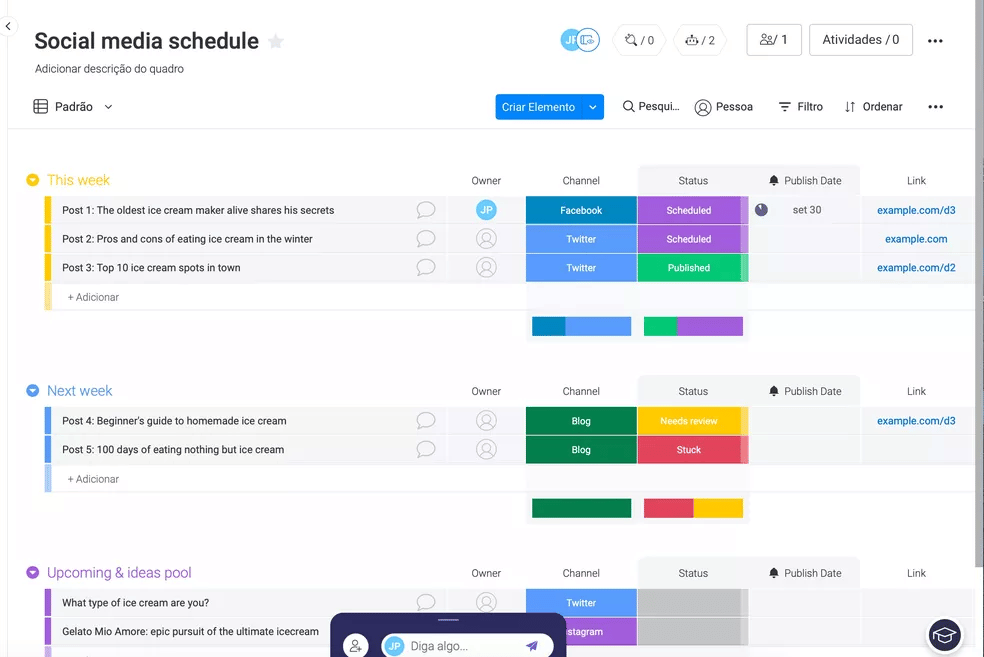 Exemplo de calendário de mídias sociais no Monday