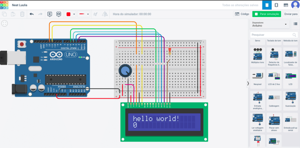 Projeto LCD de 2 fios para arduino no Tinkercad