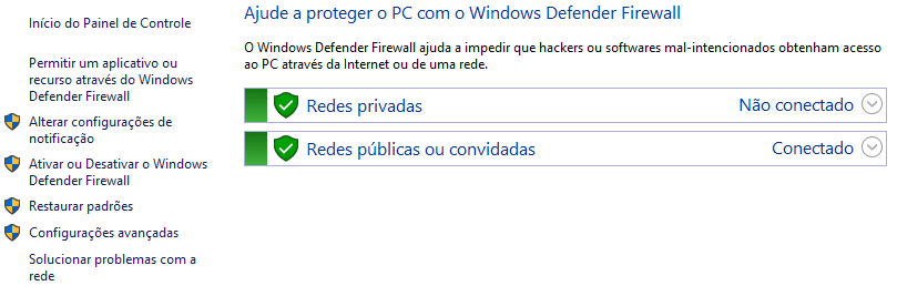 Painel de controle do Windows mostrando a sessão de proteção do Windows Defender Firewall