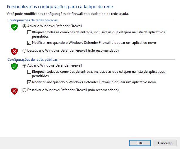 Configurações do Windows Defender, mosrando que o mesmo está ativo