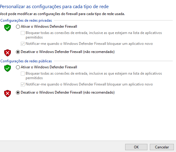 Configurações do Windows Defender, mosrando que o mesmo não está ativo
