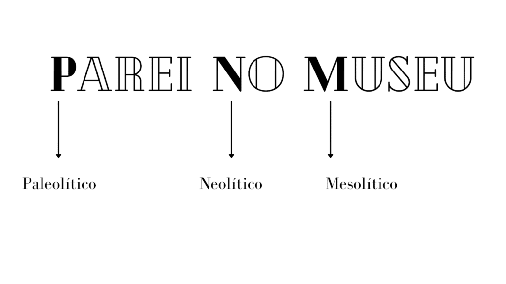 Mnemônimo "parei no museu", indicando a atribuição de significado de cada inicial da expressão: P = paleolítico; N = neolítico; e M = mesolítico.