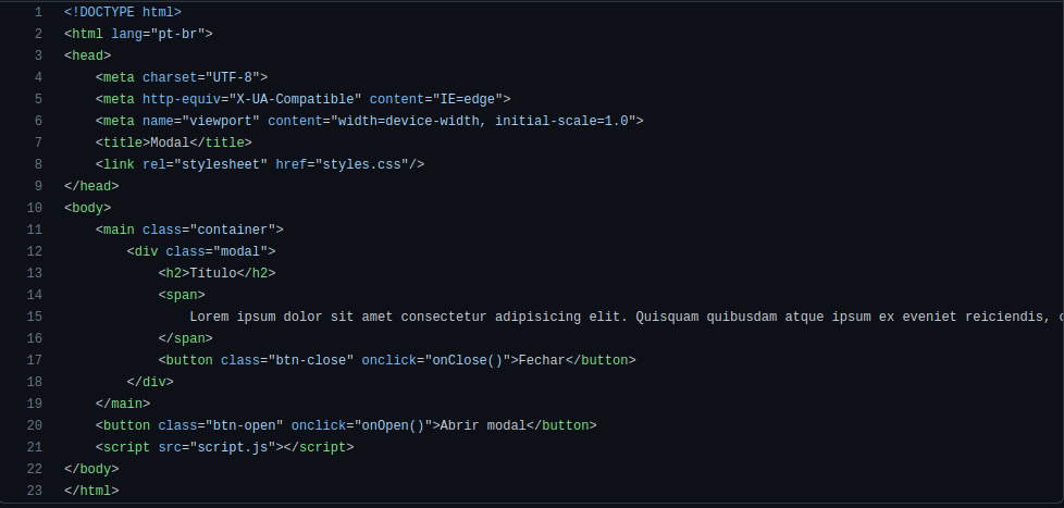 Código HTML Modal exercício 6 Projetos em JavaScript