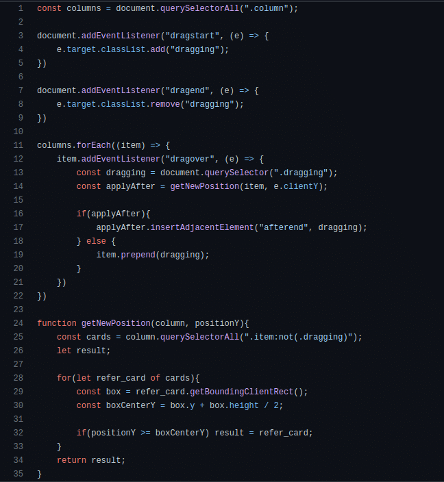 Código JavaScript para Projeto em JavaScript Intermediário3: Quadro KanBan