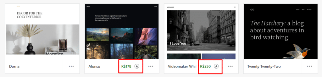 Preço de alguns temas Premium