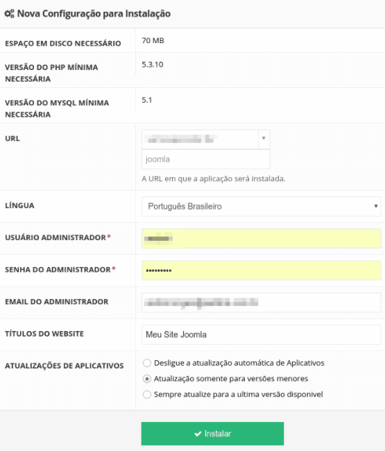 Nova Configuração para Instalação - Joomla