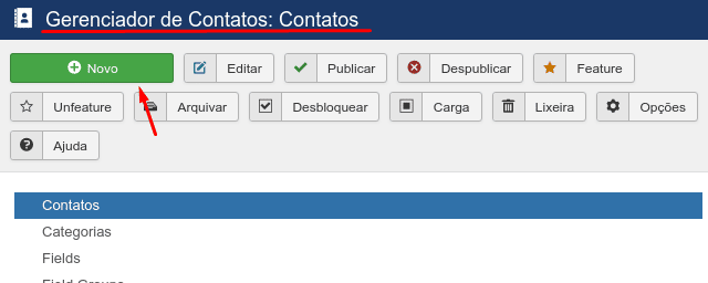 Botão Novo no Gerenciador de Contatos: Contatos. 