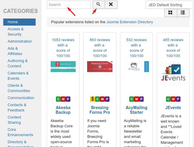 Buscando extensões no Joomla